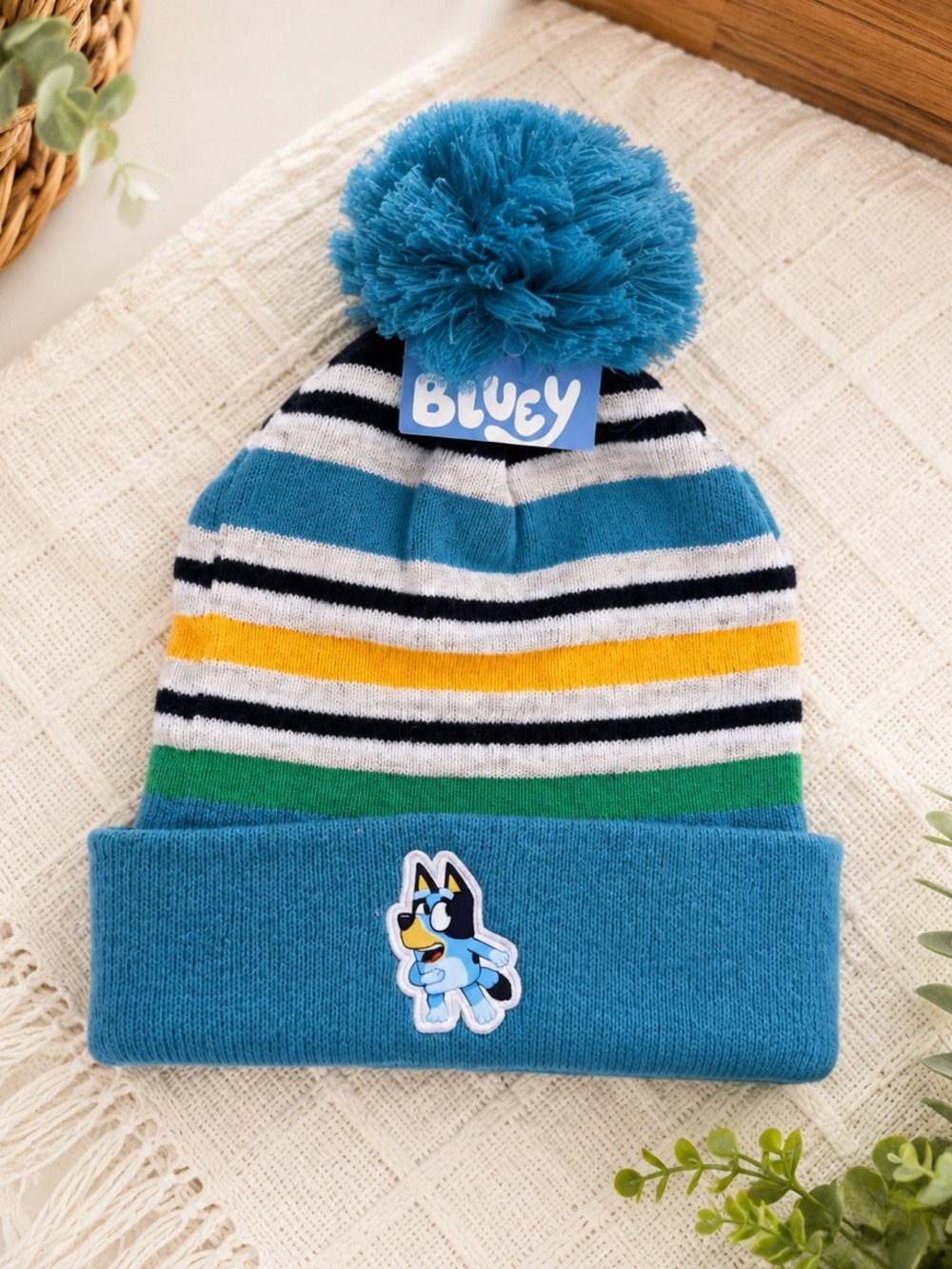 New Bluey Toddler Boy Winter Beanie Striped Pom Hat Beanie Character Patch